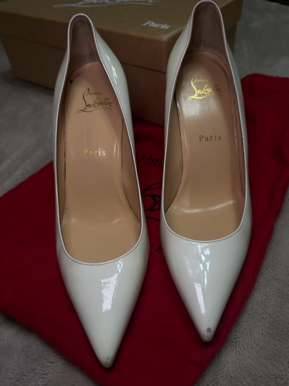 Christian Louboutin White Patent Pointed Toe Stiletto Pumps - Picture 2 of 8